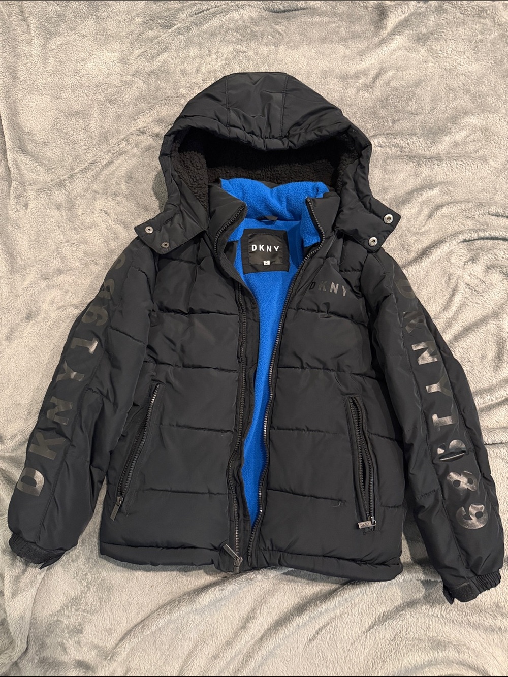 DKNY Black Puffer Jacket with Blue Lining - Kids